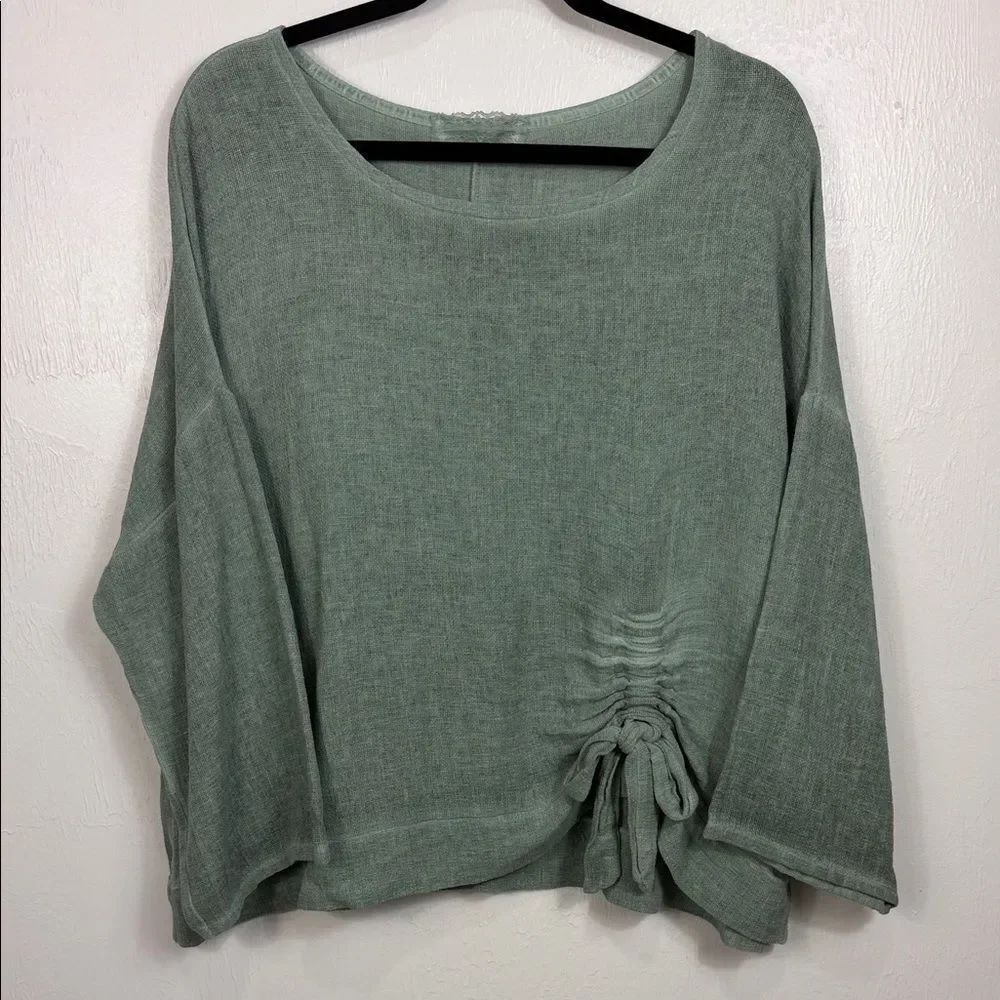 Made in Italy Sage Green Linen Cotton Ruched Drawstring Top One Size - Picture 2 of 8